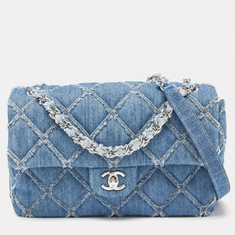 Chanel Blue Distressed Quilted Denim Medium Single Flap Bag