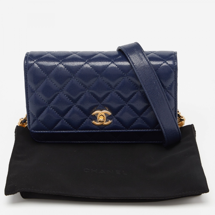 Pre Owned Chanel Blue Quilted Caviar Leather Wallet on Chain 