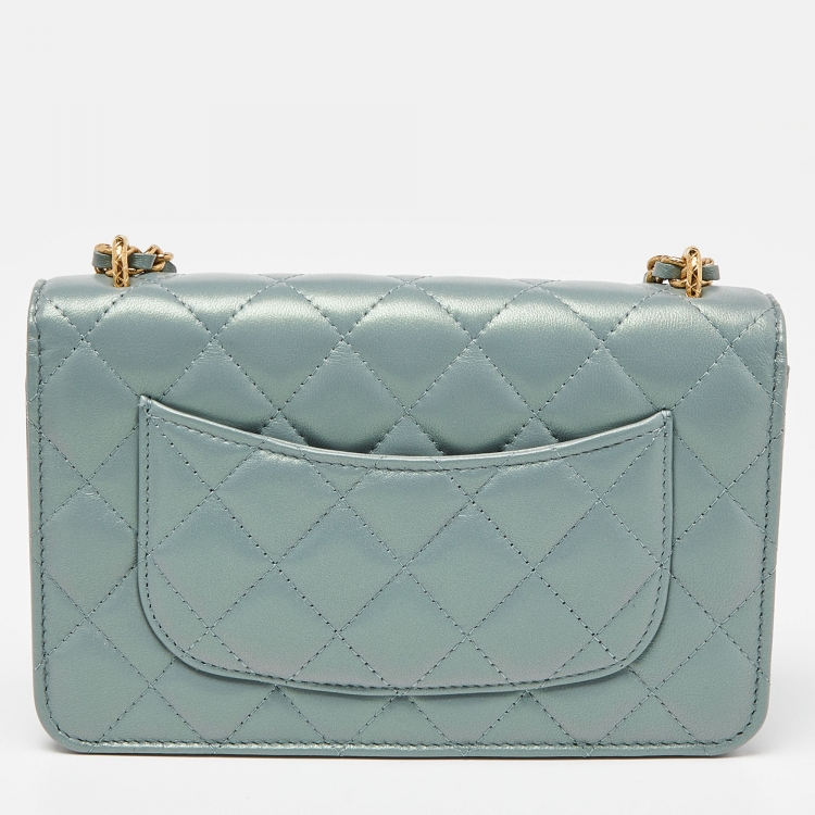 Pre Owned Chanel Pearl Light Green Quilted Leather Wallet on Chain 