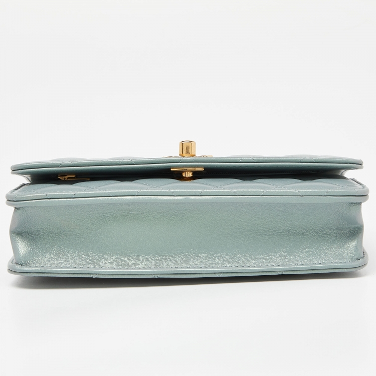 Pre Owned Chanel Pearl Light Green Quilted Leather Wallet on Chain 