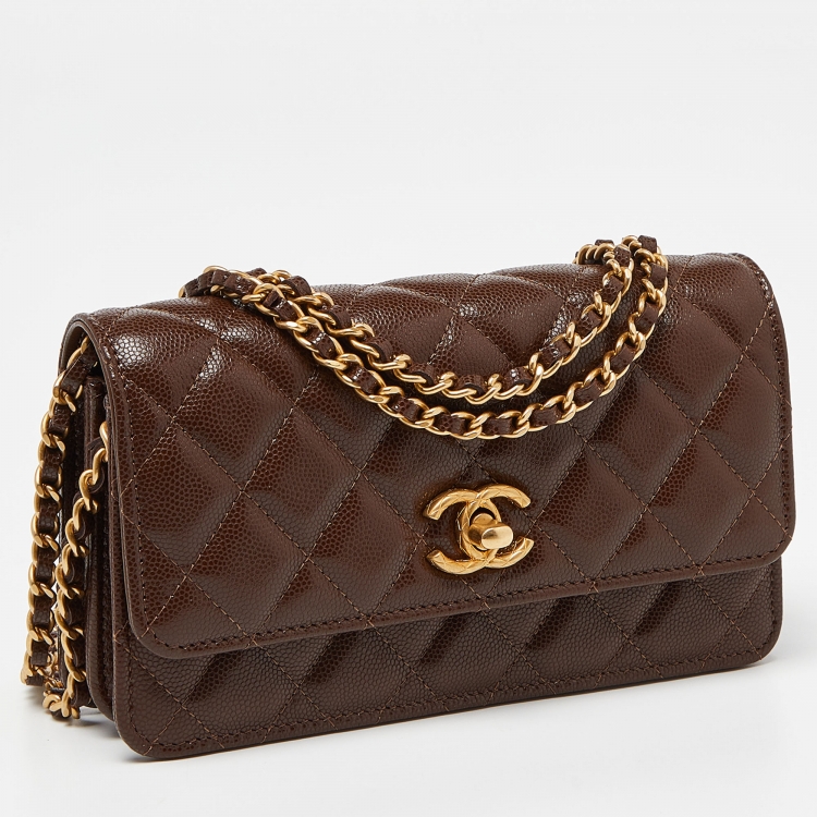 Pre Owned Chanel Brown Quilted Caviar Leather Wallet on Chain 