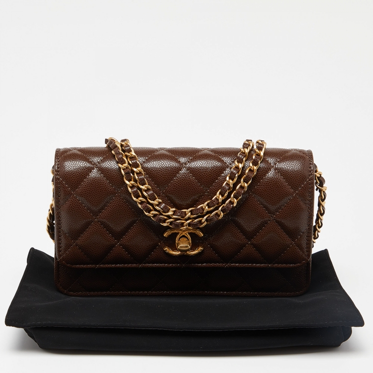 Pre Owned Chanel Brown Quilted Caviar Leather Wallet on Chain 