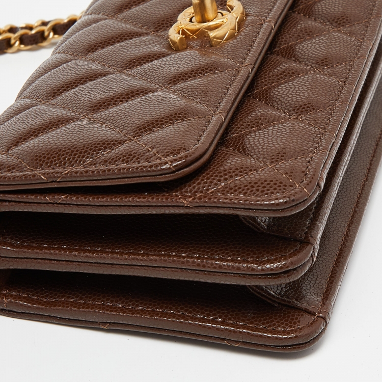Pre Owned Chanel Brown Quilted Caviar Leather Wallet on Chain 