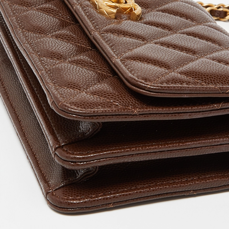 Pre Owned Chanel Brown Quilted Caviar Leather Wallet on Chain 