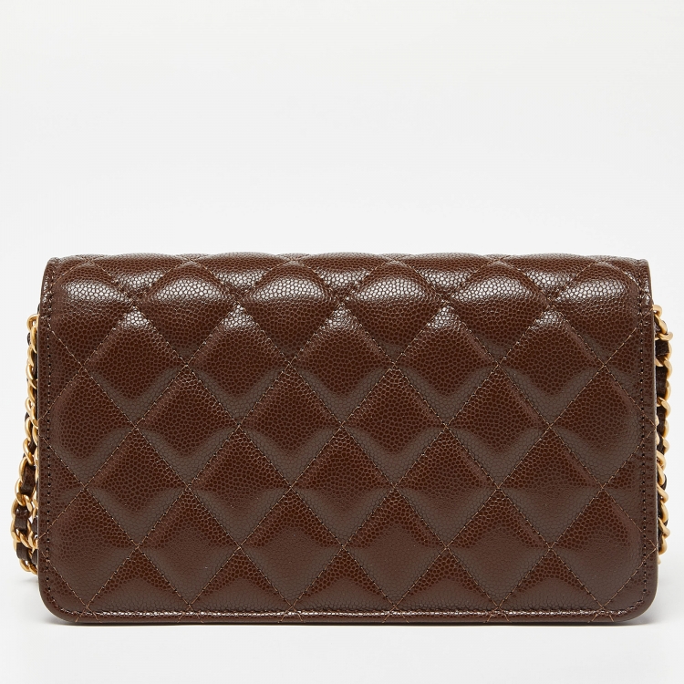 Pre Owned Chanel Brown Quilted Caviar Leather Wallet on Chain 
