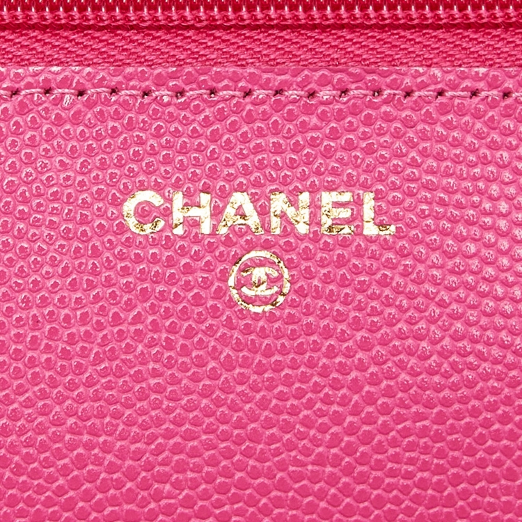 Pre Owned Chanel Pink Quilted Caviar Leather CC Classic Flap Wallet on Chain