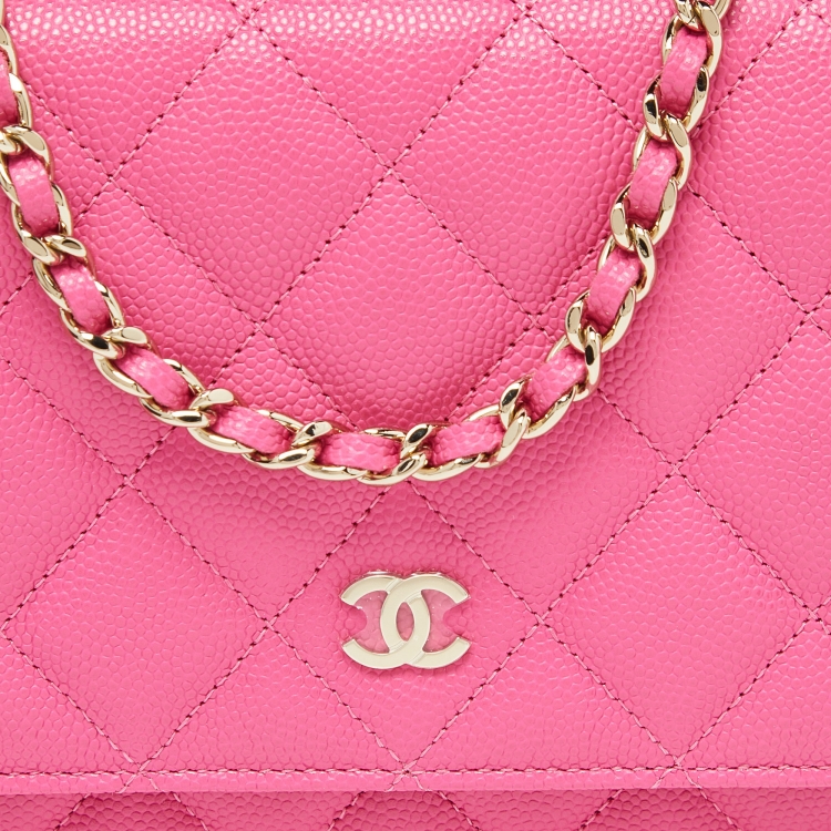 Pre Owned Chanel Pink Quilted Caviar Leather CC Classic Flap Wallet on Chain