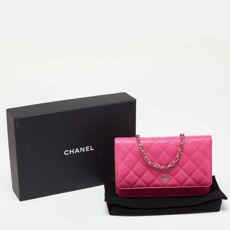 Pre Owned Chanel Pink Quilted Caviar Leather CC Classic Flap Wallet on Chain