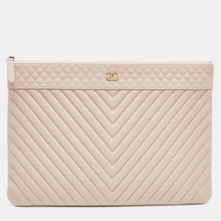 Chanel Blush Pink Chevron Caviar Leather Large O-Case Zip Pouch