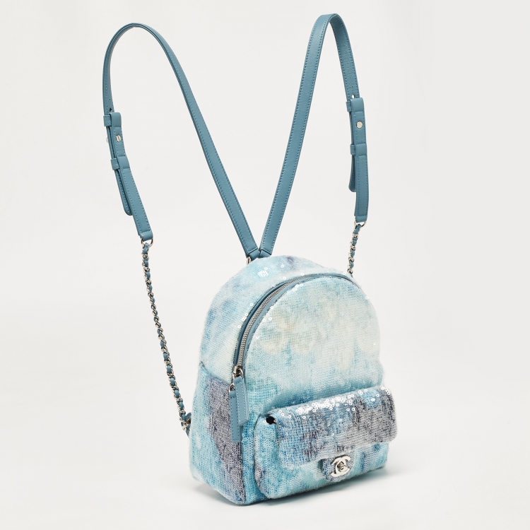 Pre Owned Chanel Blue Sequin and Leather Mini Waterfall Backpack