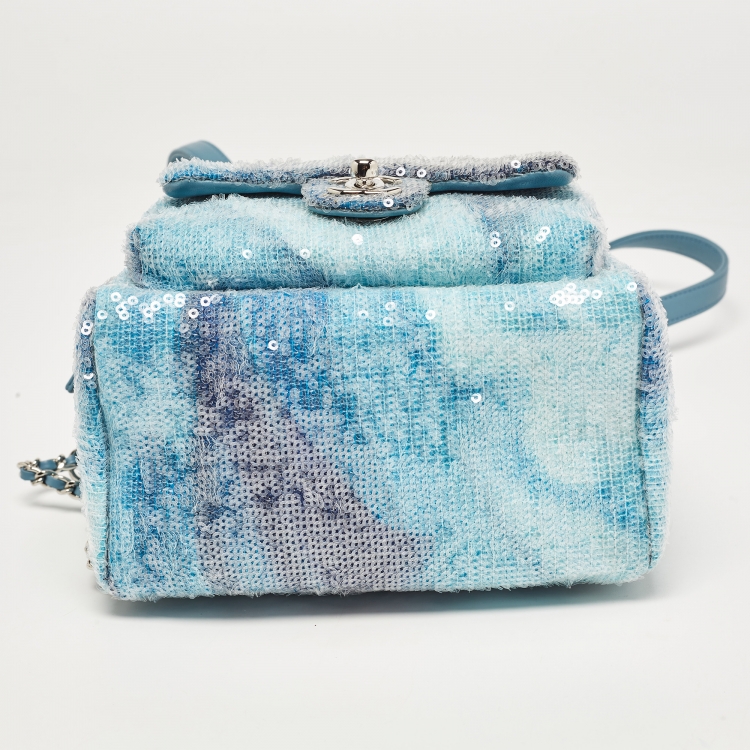 Pre Owned Chanel Blue Sequin and Leather Mini Waterfall Backpack