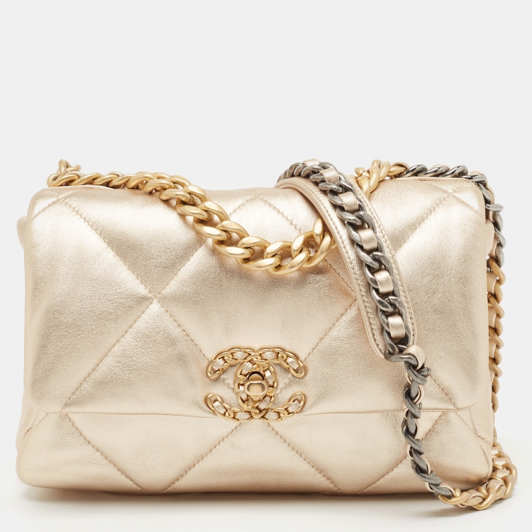 Chanel Metallic Gold Quilted Leather Small 19 Flap Bag