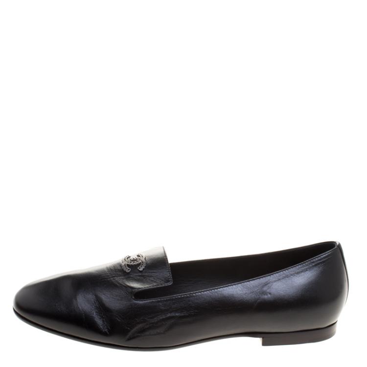 Pre Owned Chanel Black Leather CC Smoking Slippers Size 39.5