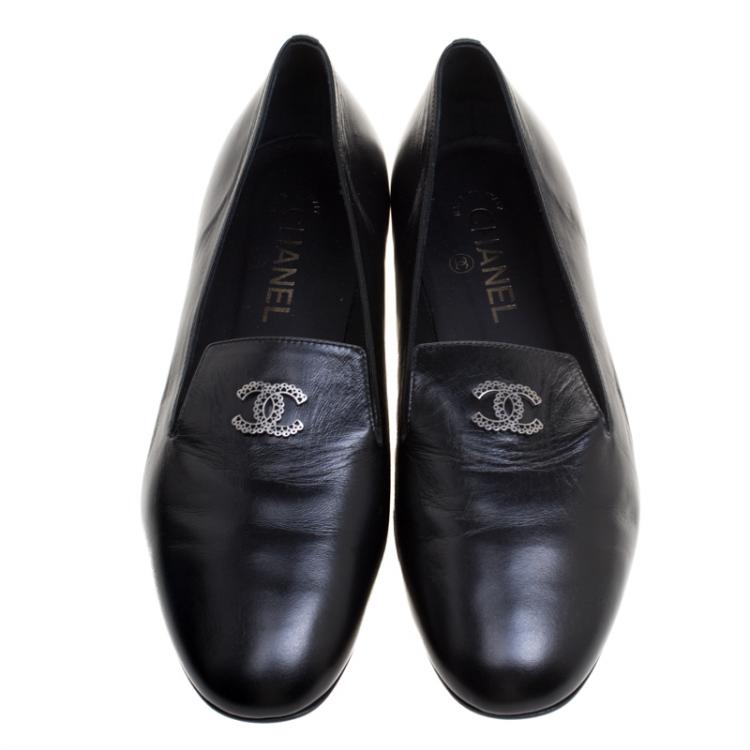 Pre Owned Chanel Black Leather CC Smoking Slippers Size 39.5
