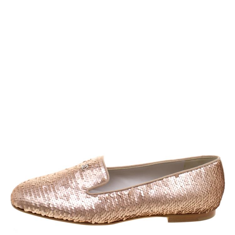 Pre Owned Chanel Two Tone Sequined CC Smoking Slippers Size 38.5