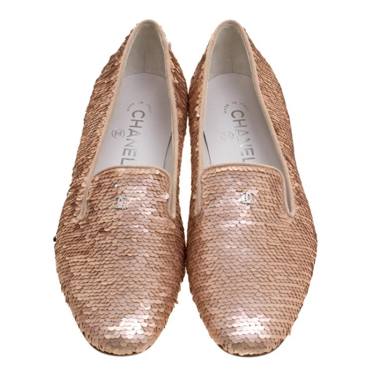 Pre Owned Chanel Two Tone Sequined CC Smoking Slippers Size 38.5