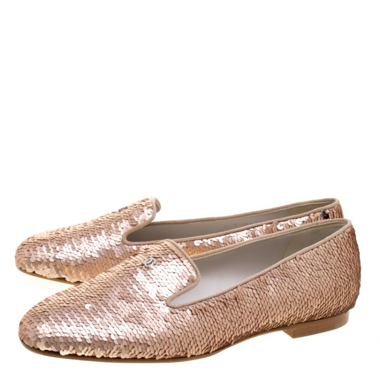 Pre Owned Chanel Two Tone Sequined CC Smoking Slippers Size 38.5