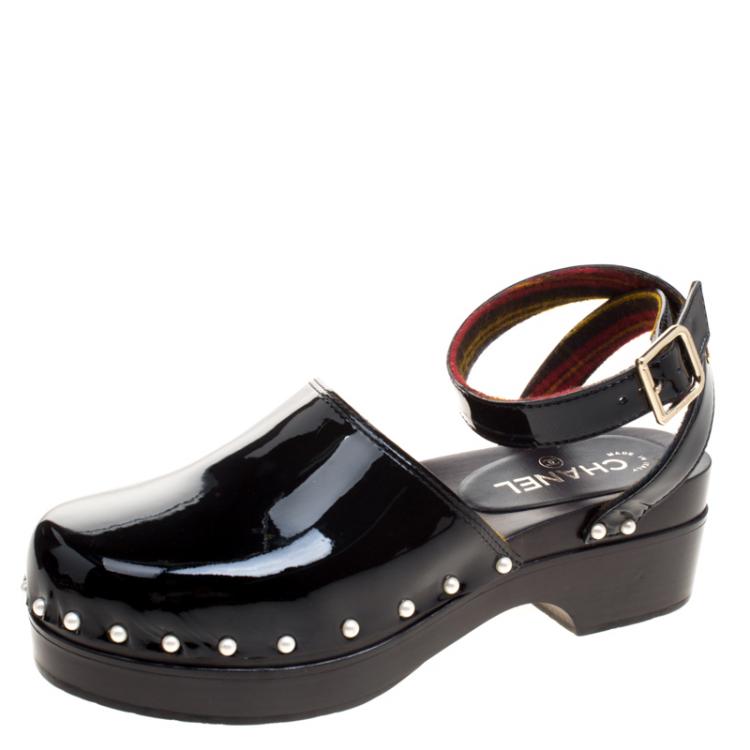 Chanel Black Patent Leather Faux Pearls Ankle Wrap Clogs Size 41 Chanel |  The Luxury Closet