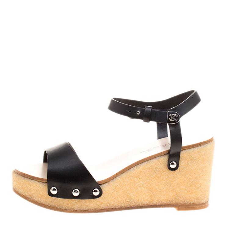 Chanel Black Leather Ankle Strap Platform Wedge Sandals Size  Chanel |  TLC