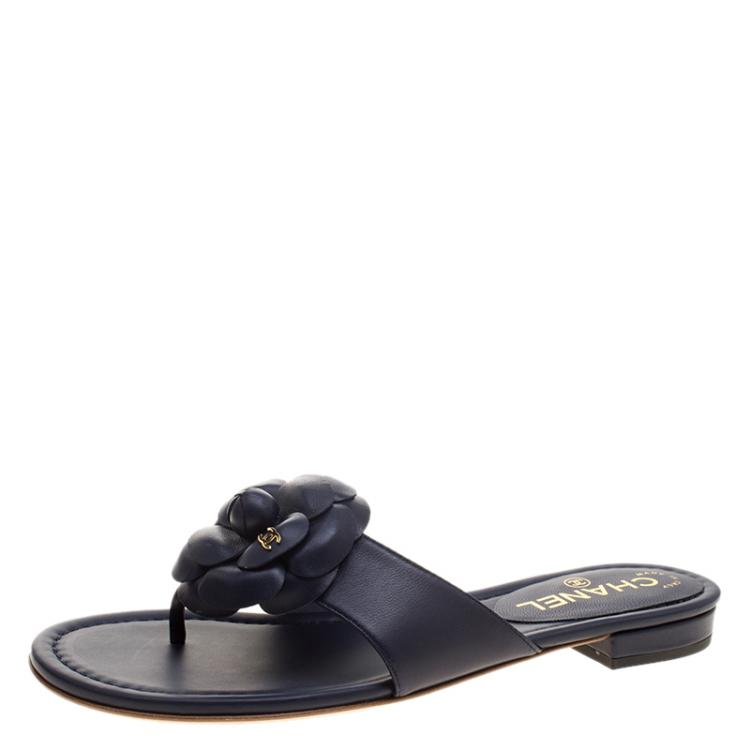 Chanel Navy Blue Leather CC Camellia Flower Flat Thong Sandals Size 38  Chanel | TLC