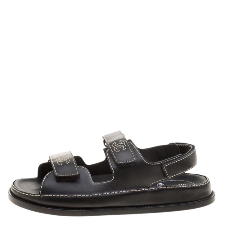 Chanel Black Leather CC Velcro Flat Sandals Size  Chanel | TLC