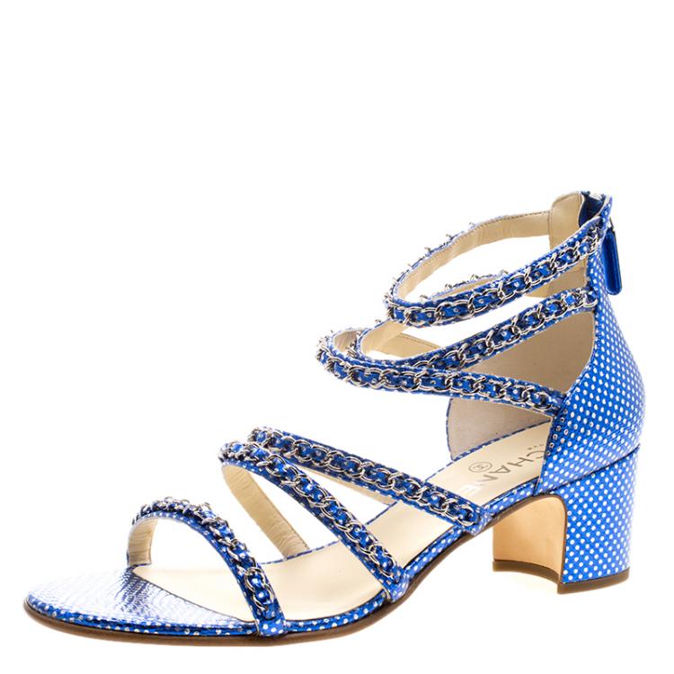 Chanel Metallic Blue Printed Leather Chain Detail Block Heel Strappy  Sandals Size 42 Chanel