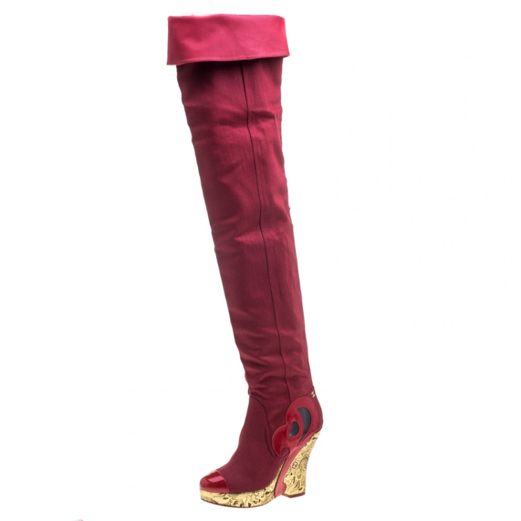 red thigh high wedge boots