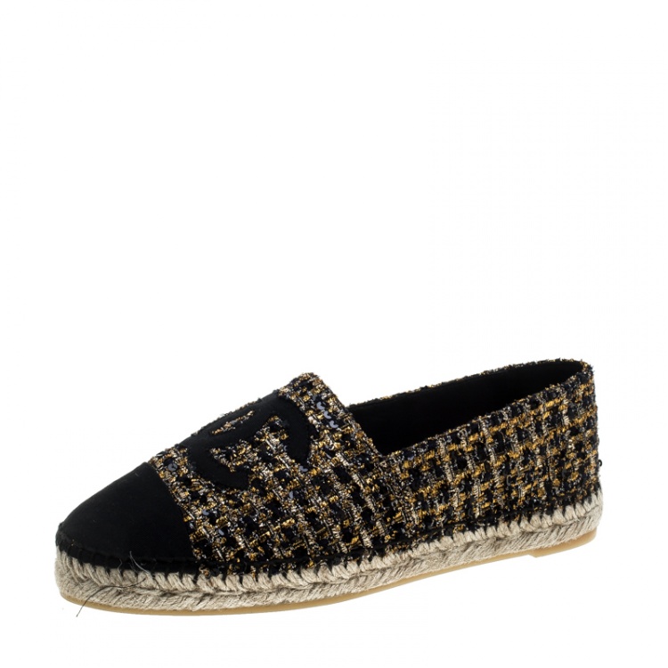 Chanel Two Tone Metallic Tweed And Grosgrain CC Espadrilles Size