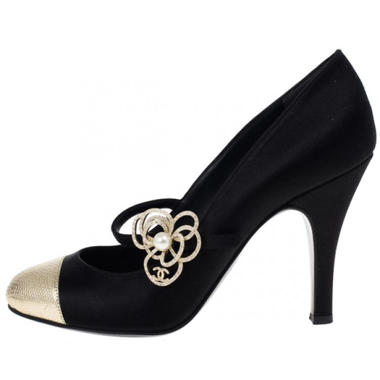 Chanel Black Satin Pearl Flower Mary Jane Pumps Size 37 Chanel | The ...