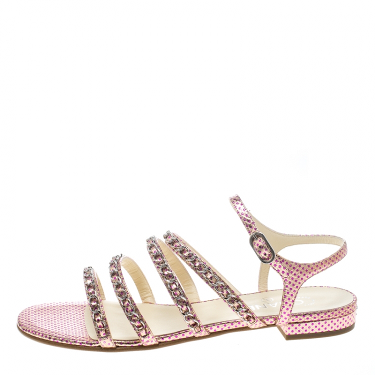 Chanel Metallic Pink Polka Dot Print Leather Chain Detail Ankle Strap Flat  Sandals Size 41 Chanel