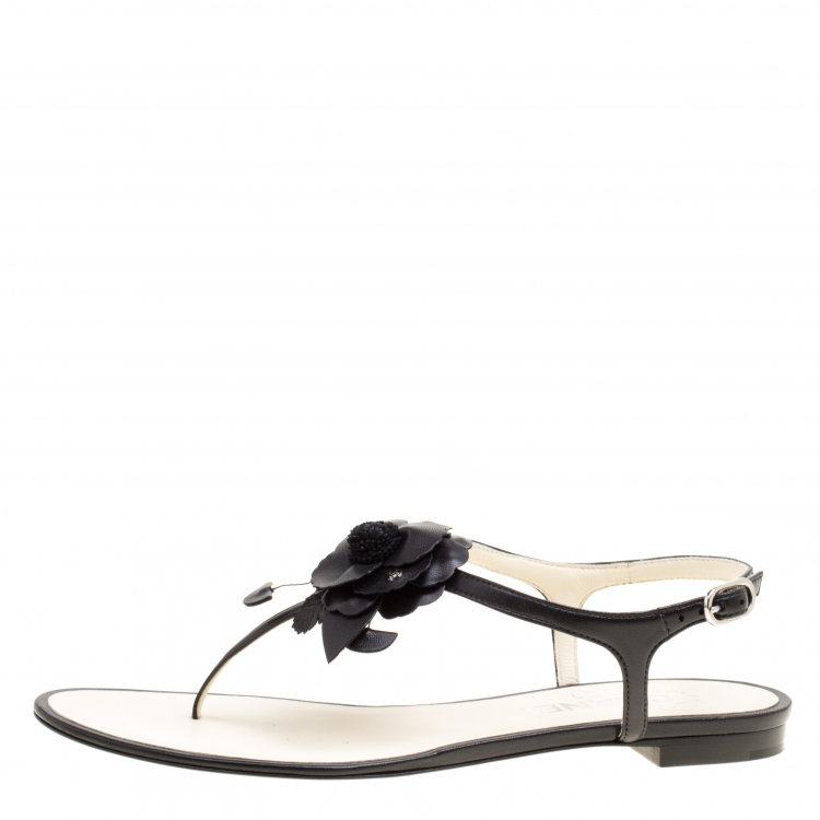 Chanel Black Leather Camellia Flat Thong Sandals Size 38 Chanel