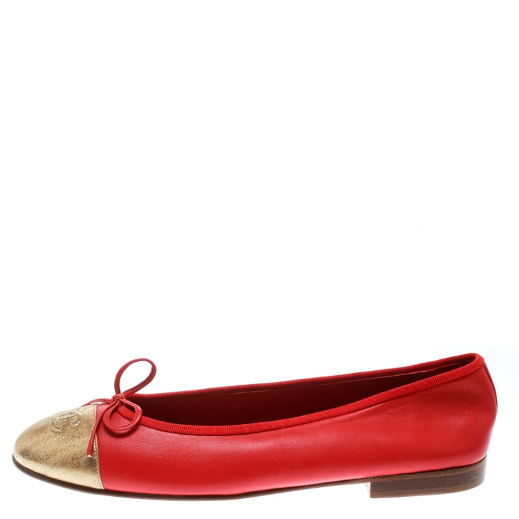 Chanel Red Leather With Metallic Gold CC Cap Toe Bow Ballet Flats Size 41  Chanel