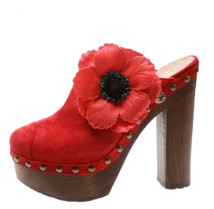 Chanel Red Suede Camellia Embellished Wooden Clogs Size 40 Chanel | TLC