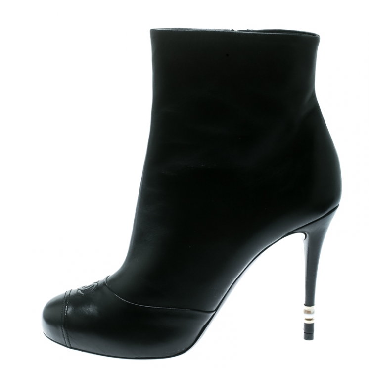 Chanel Black Leather CC Faux Pearl Embellished Heel Ankle Boots