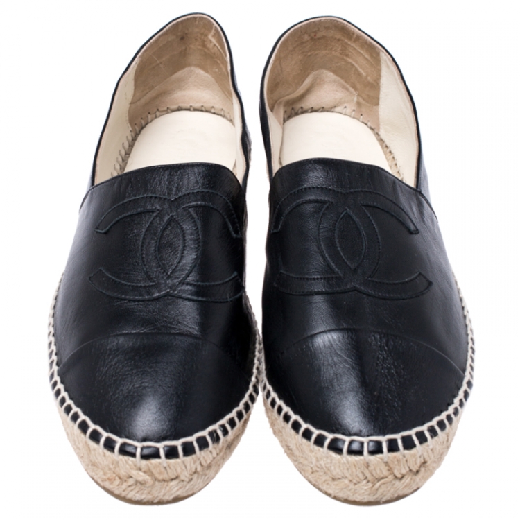 Pre Owned Chanel Black Leather CC Espadrilles Loafers Size 41