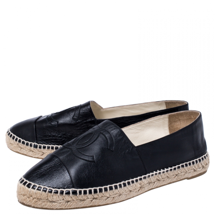 Pre Owned Chanel Black Leather CC Espadrilles Loafers Size 41