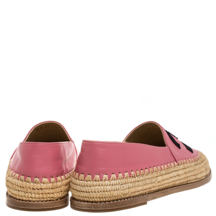 Pre Owned Chanel Pink Leather And Jute CC Espadrille Loafers Size 41