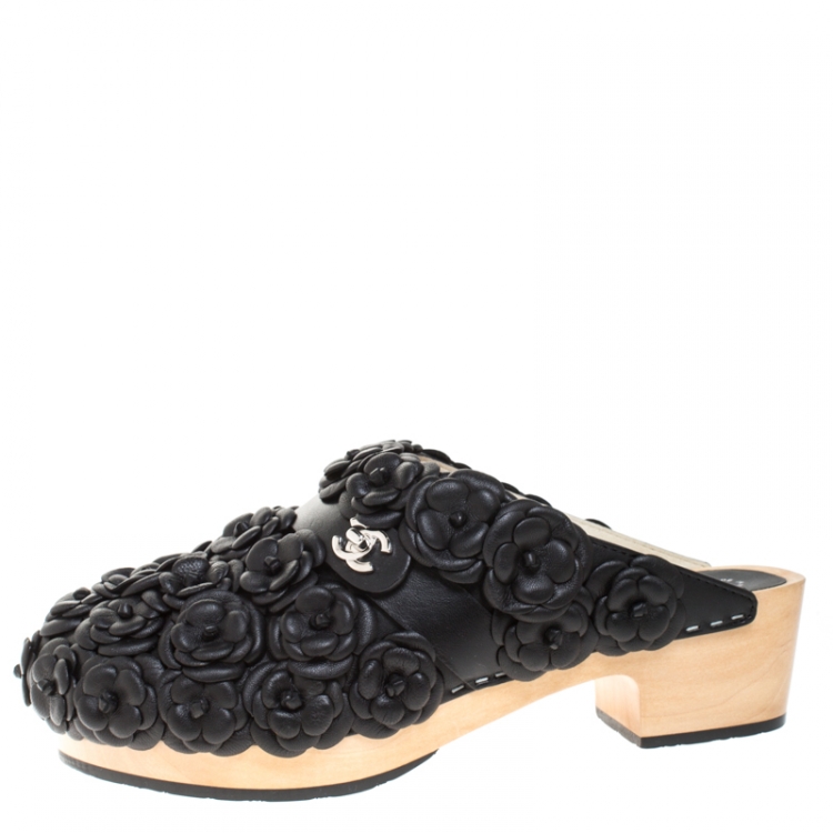 Chanel Metallic Black Camellia Embellished CC Lock Wooden Clogs Size 40  Chanel | TLC