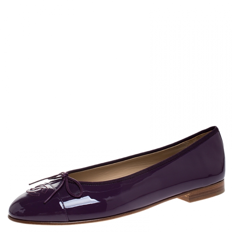Chanel Purple Patent Leather CC Cap Toe Bow Ballet Flats Size 40.5