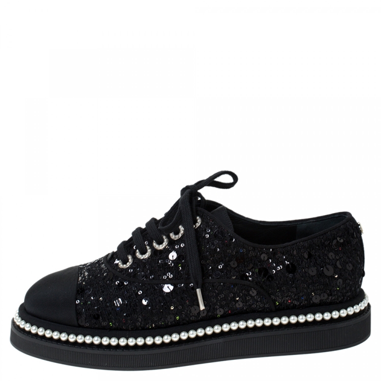 Chanel Black Sequin Embellished Tweed Fabric and CC Faux Pearl Trim  Platform Sneakers Size 38 Chanel