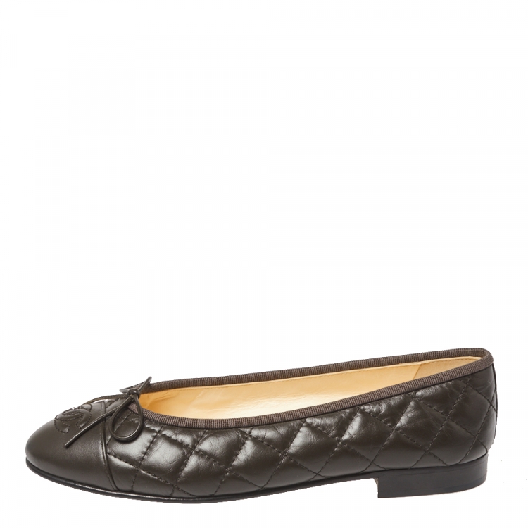 AUTH CHANEL BALLET QUILTED CC FLATS BLACK LEATHER CAP TOE SHOES 36