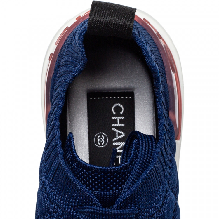 Pre Owned Chanel Blue Knit Fabric CC Low Top Sneakers Size 36.5