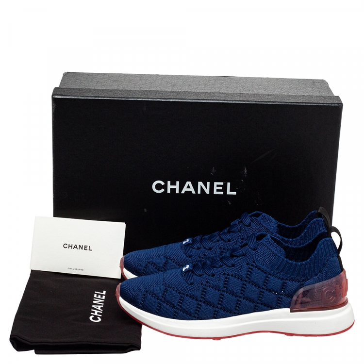 Pre Owned Chanel Blue Knit Fabric CC Low Top Sneakers Size 36.5
