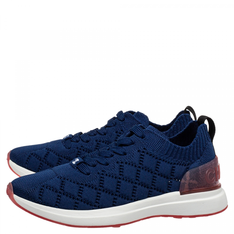 Pre Owned Chanel Blue Knit Fabric CC Low Top Sneakers Size 36.5