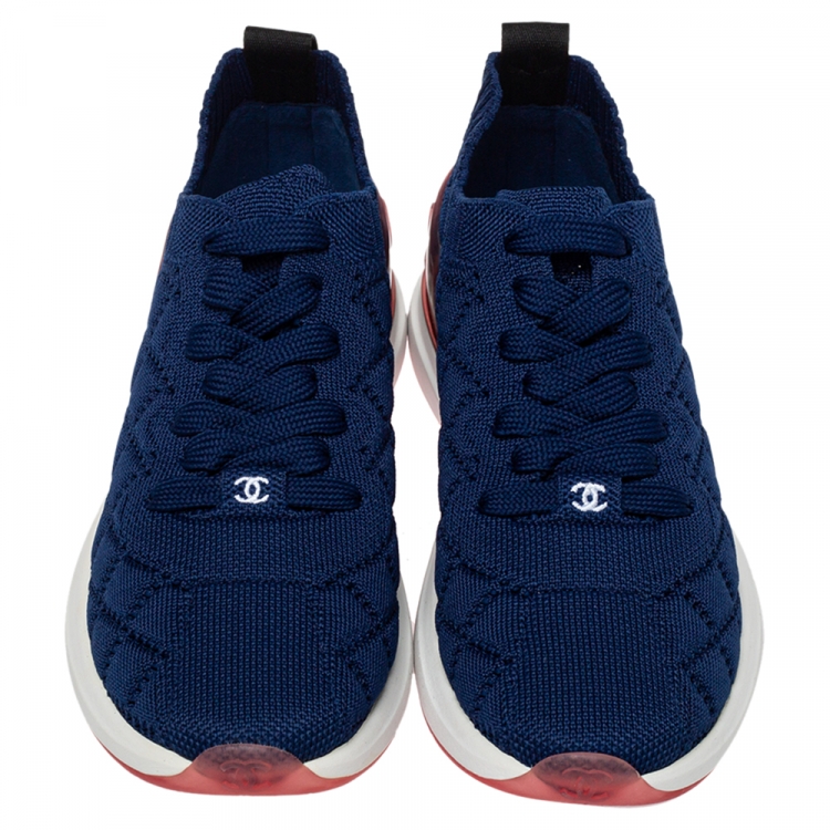 Pre Owned Chanel Blue Knit Fabric CC Low Top Sneakers Size 36.5