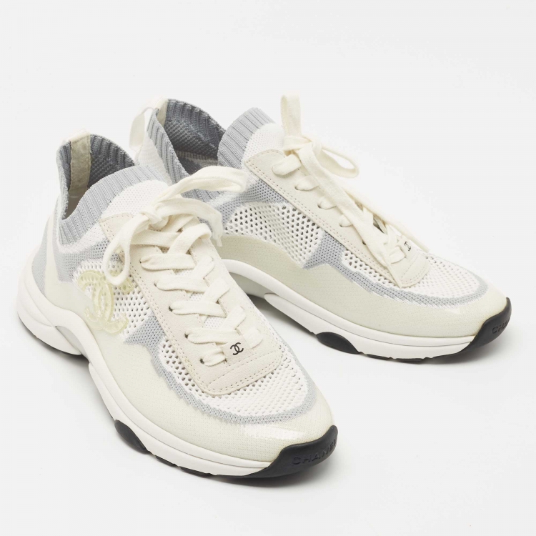Pre Owned Chanel Grey/White Knit Fabric CC Sneakers Size 40