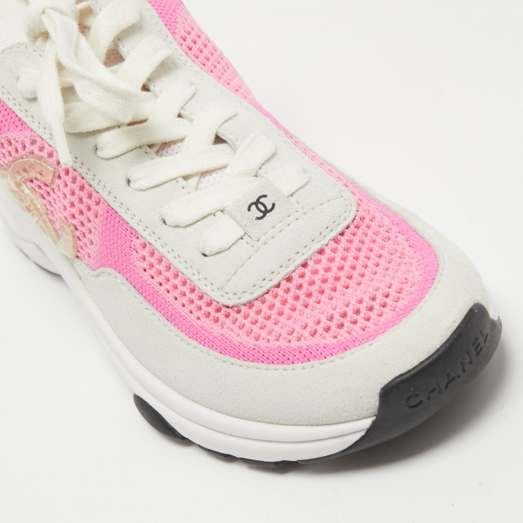 Pre Owned Chanel Multicolor Knit Fabric and Suede CC Sneakers Size 37.5