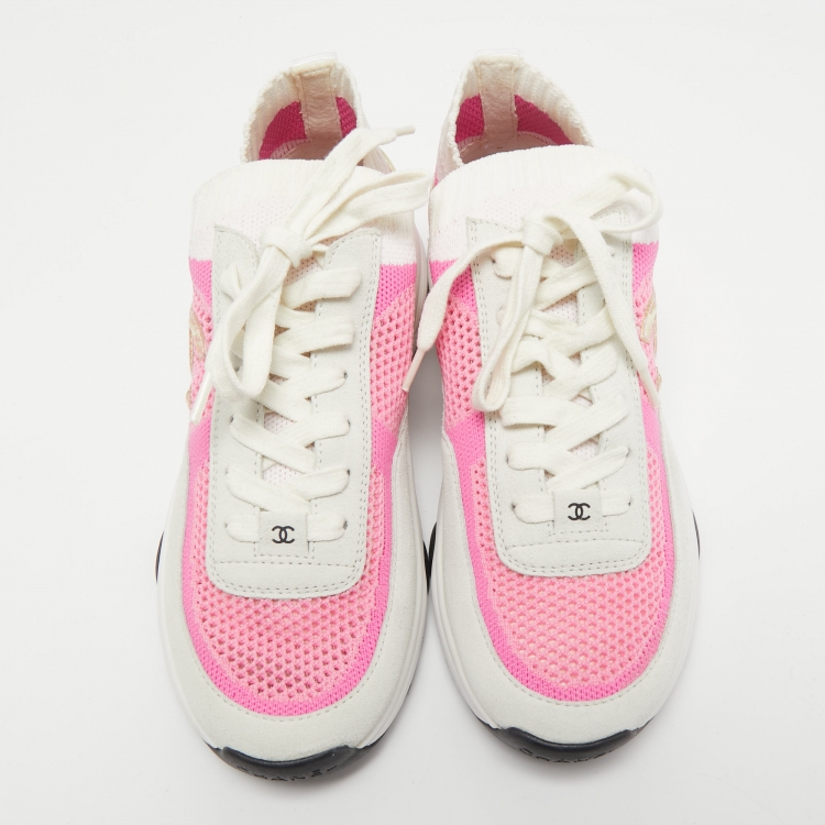 Pre Owned Chanel Multicolor Knit Fabric and Suede CC Sneakers Size 37.5