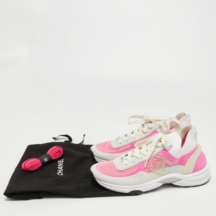 Pre Owned Chanel Multicolor Knit Fabric and Suede CC Sneakers Size 37.5