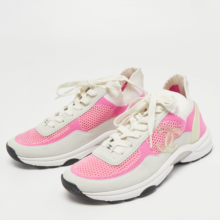 Chanel Pink/White Satin, Mesh and Leather CC Sneakers Size 38.5 Chanel